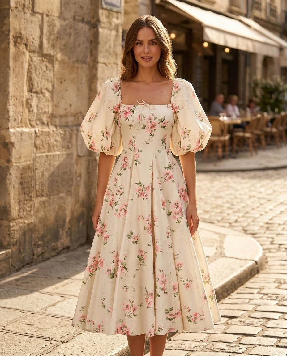 Floral puff-sleeve midi cocktail dress