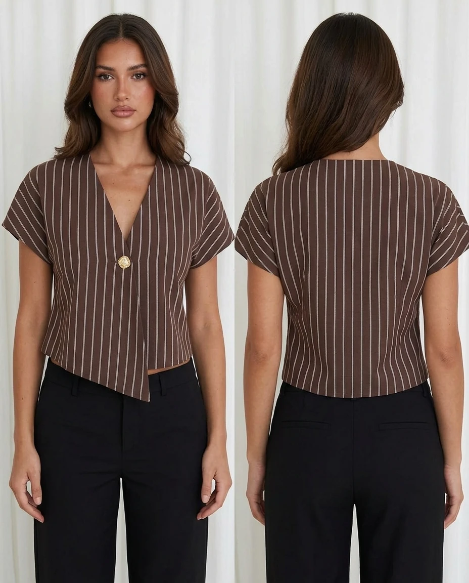 brown striped v-neck top with gold button