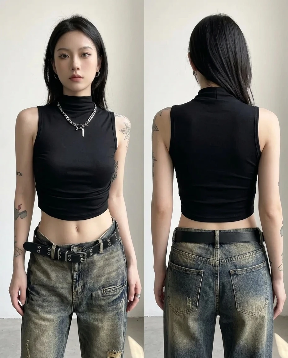 black solid high neck crop t-shirt