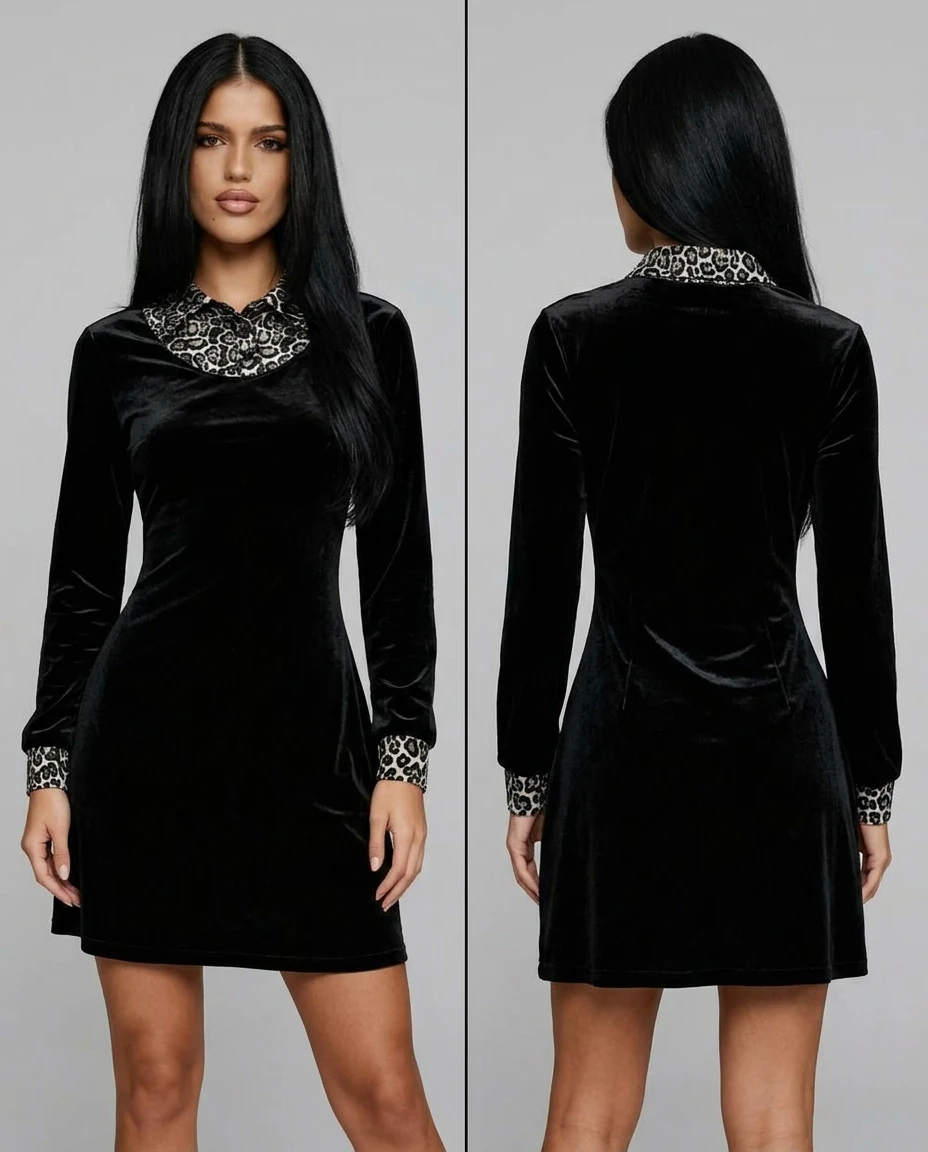 black velvet mini dress with leopard print collar and cuffs