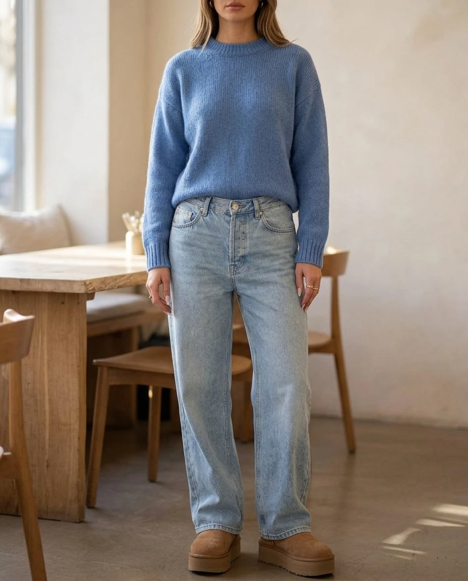 Chambray sweater with light wash jeans