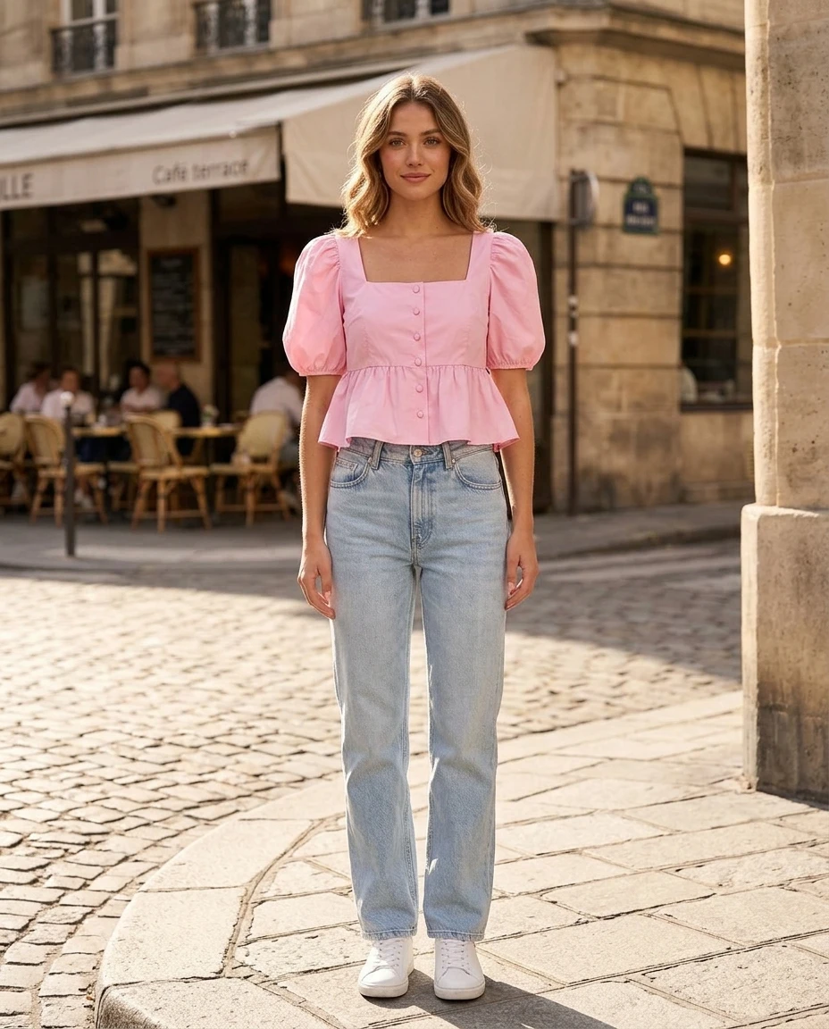 Pink Puff-Sleeve Top and Jeans