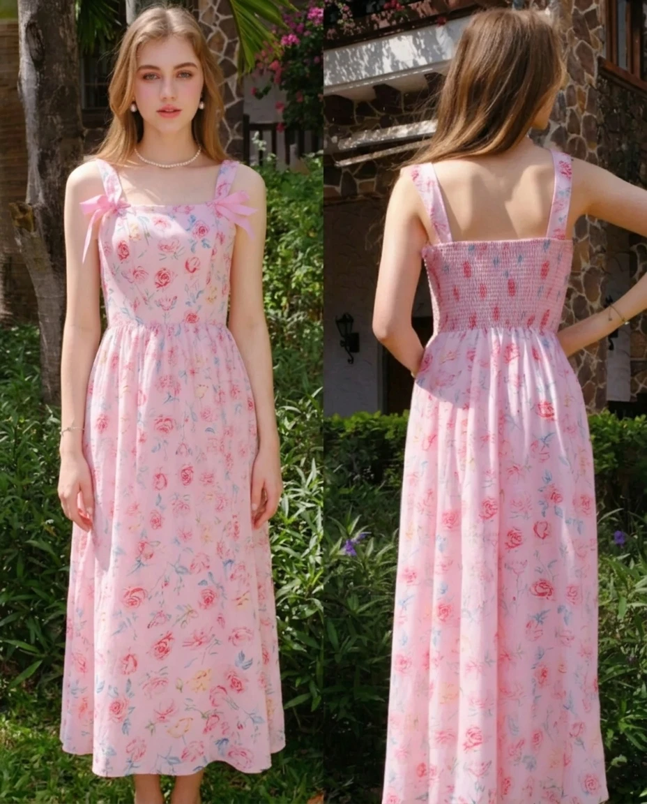 pink floral smocked midi dress