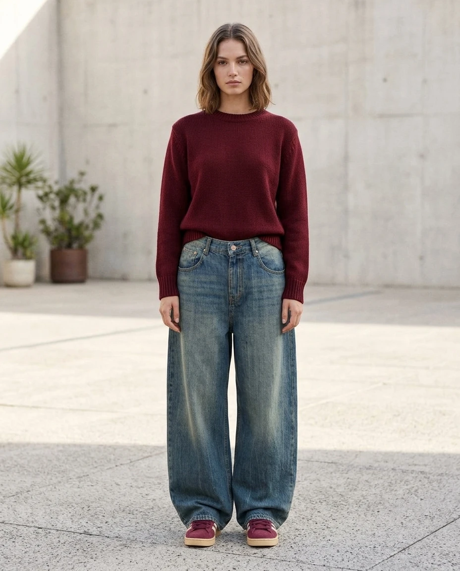 Wide-leg jeans with a chunky cable-knit sweater
