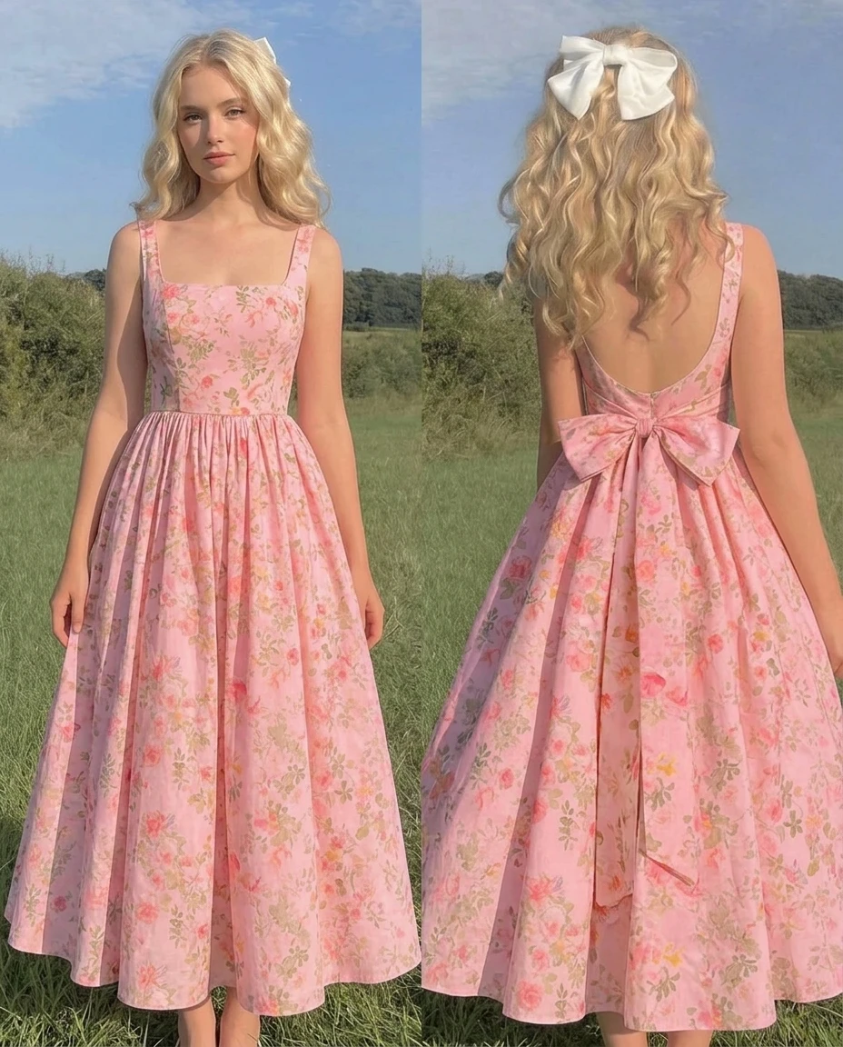 pink floral gathered a-line dress with back bow