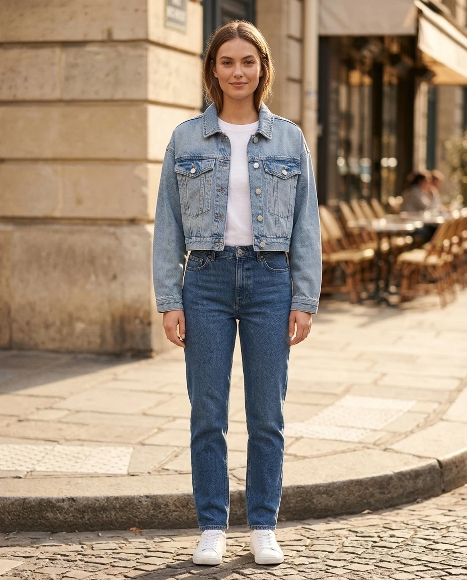 White t-shirt jeans and jacket airport look