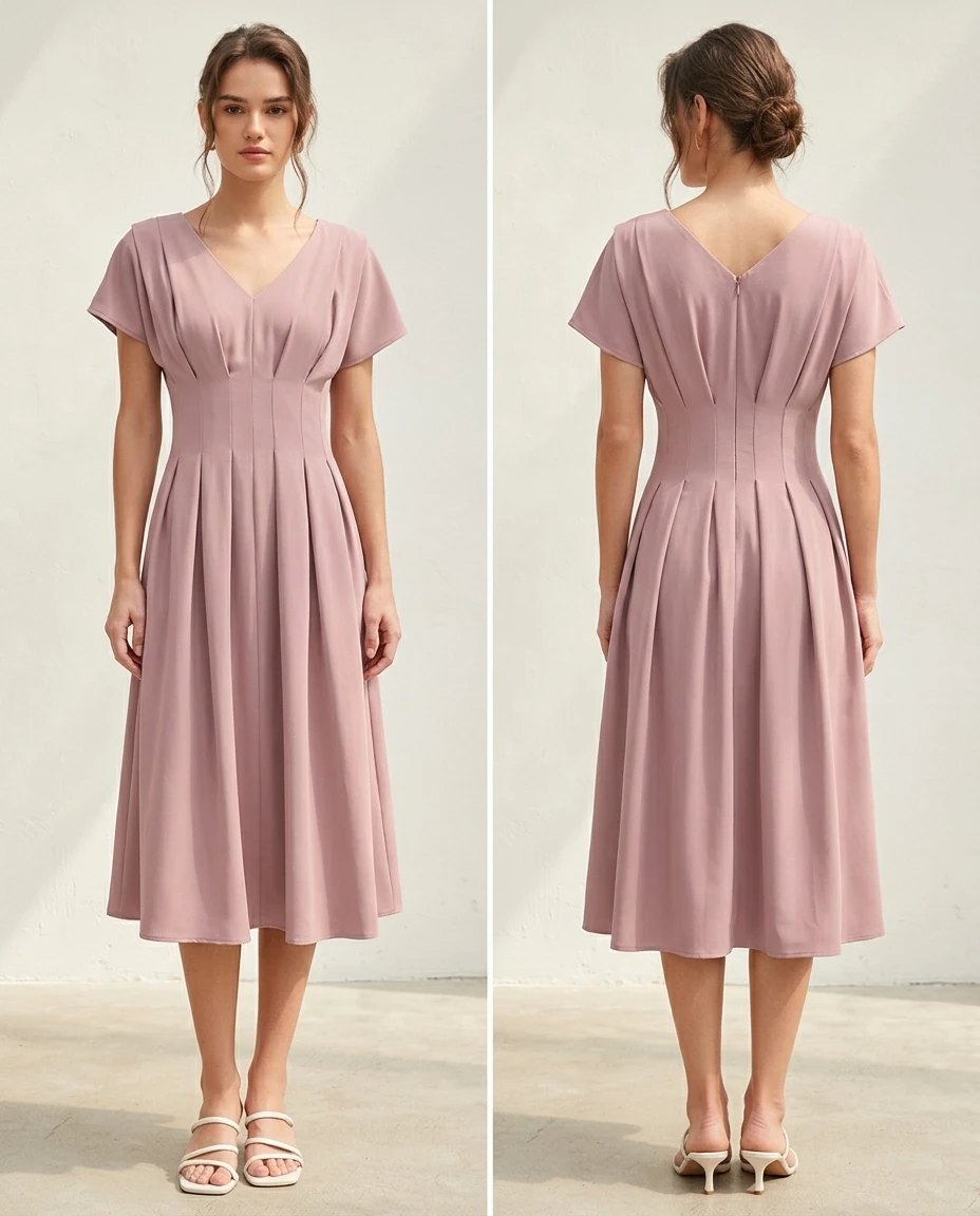 v-neck solid pleated midi dress in pink
