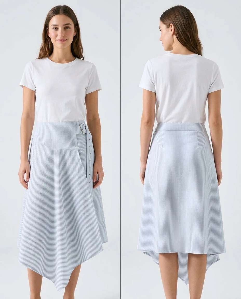 light blue striped buttoned asymmetric skirt