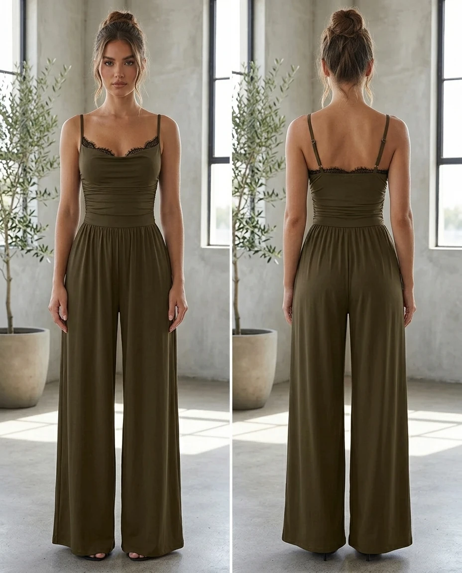 lace trim sleeveless wide leg jumpsuit in coffee brown