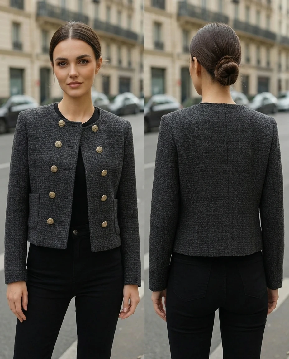 black round neck tweed jacket