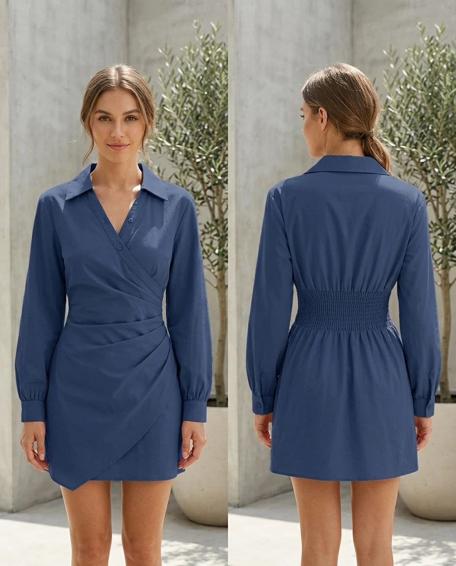 dark blue solid collared wrap full sleeve mini dress