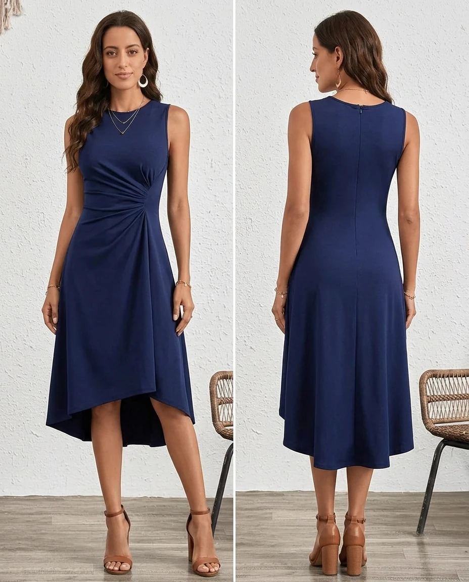 navy gathered fit flare midi dress