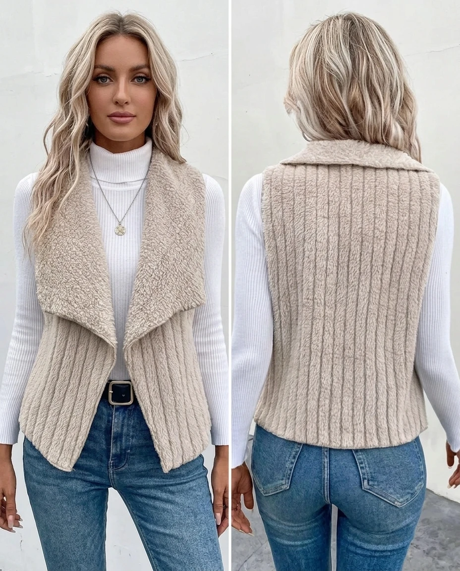 beige front open lapel collar vest