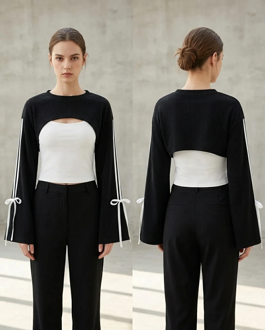 round neck cut-out full sleeve sweatshirt in black and white