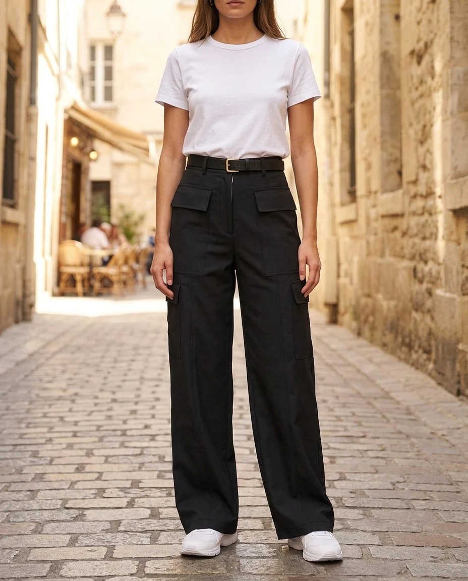 Woman wearing black cargo pants with a white fitted t-shirt