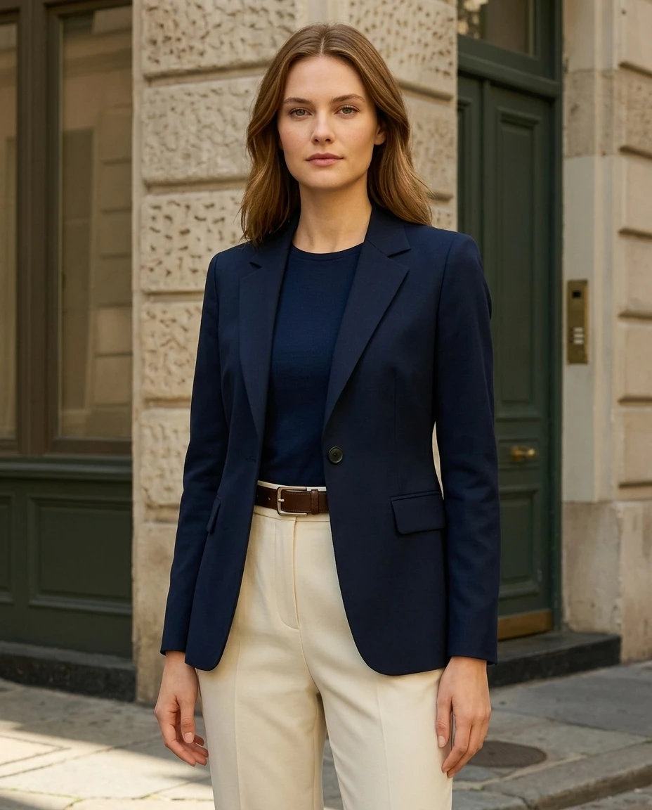Cream trousers and navy blazer with snakeskin boots