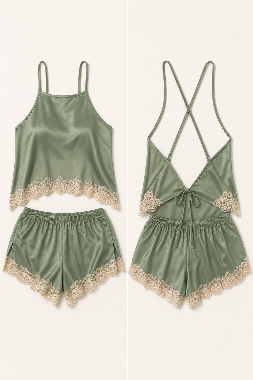 olive solid matching set with lace trim