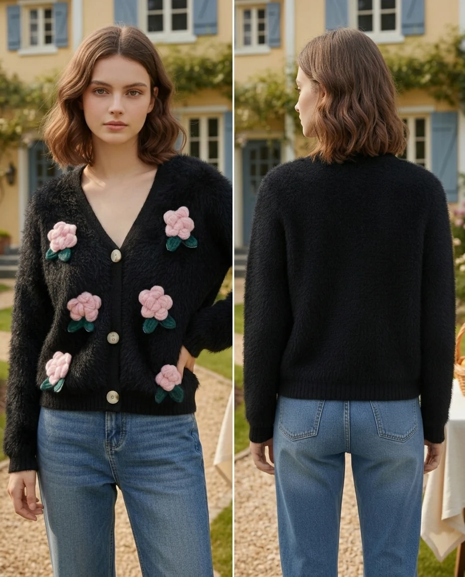 black fuzzy knit cardigan with 3d floral applique