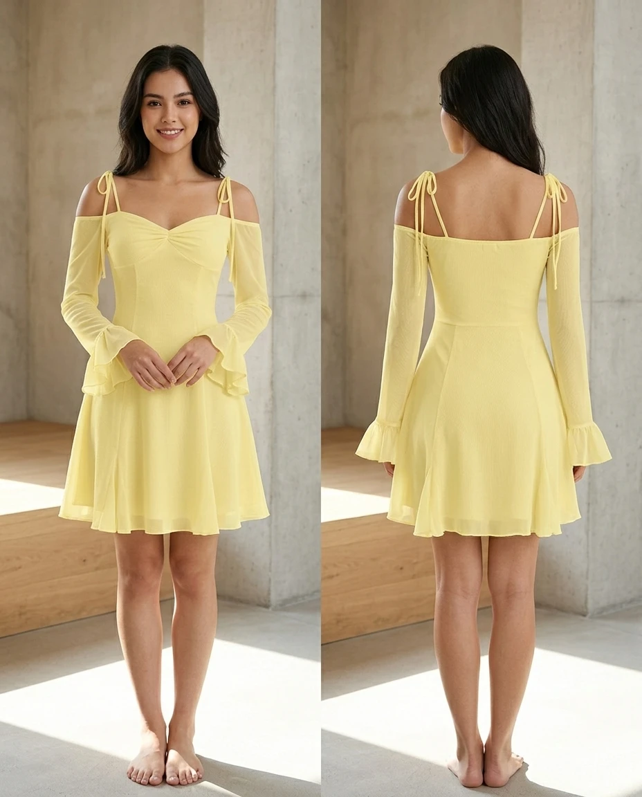 mesh sleeve tie-strap fit & flare dress in french vanilla