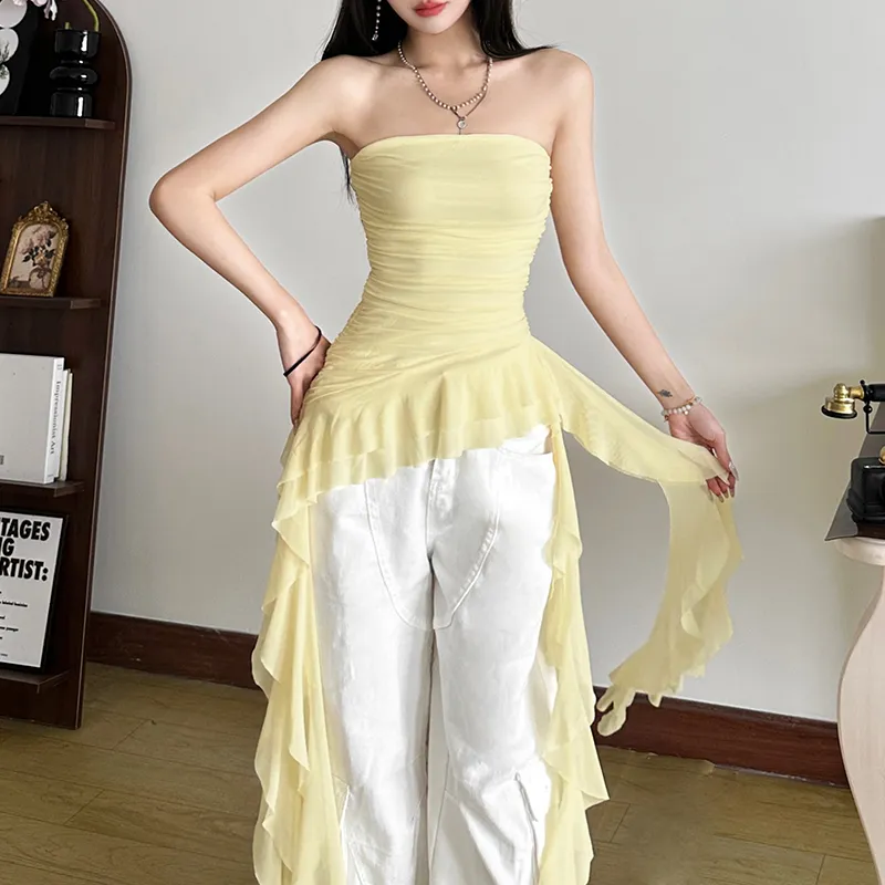 yellow solid ruffles detail tube top