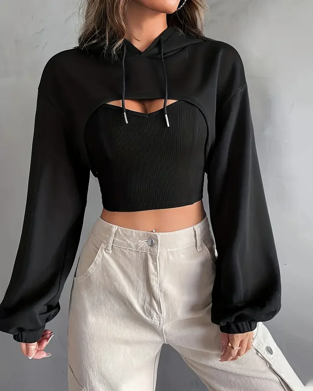 full sleeve hooded cut-out style crop top in black