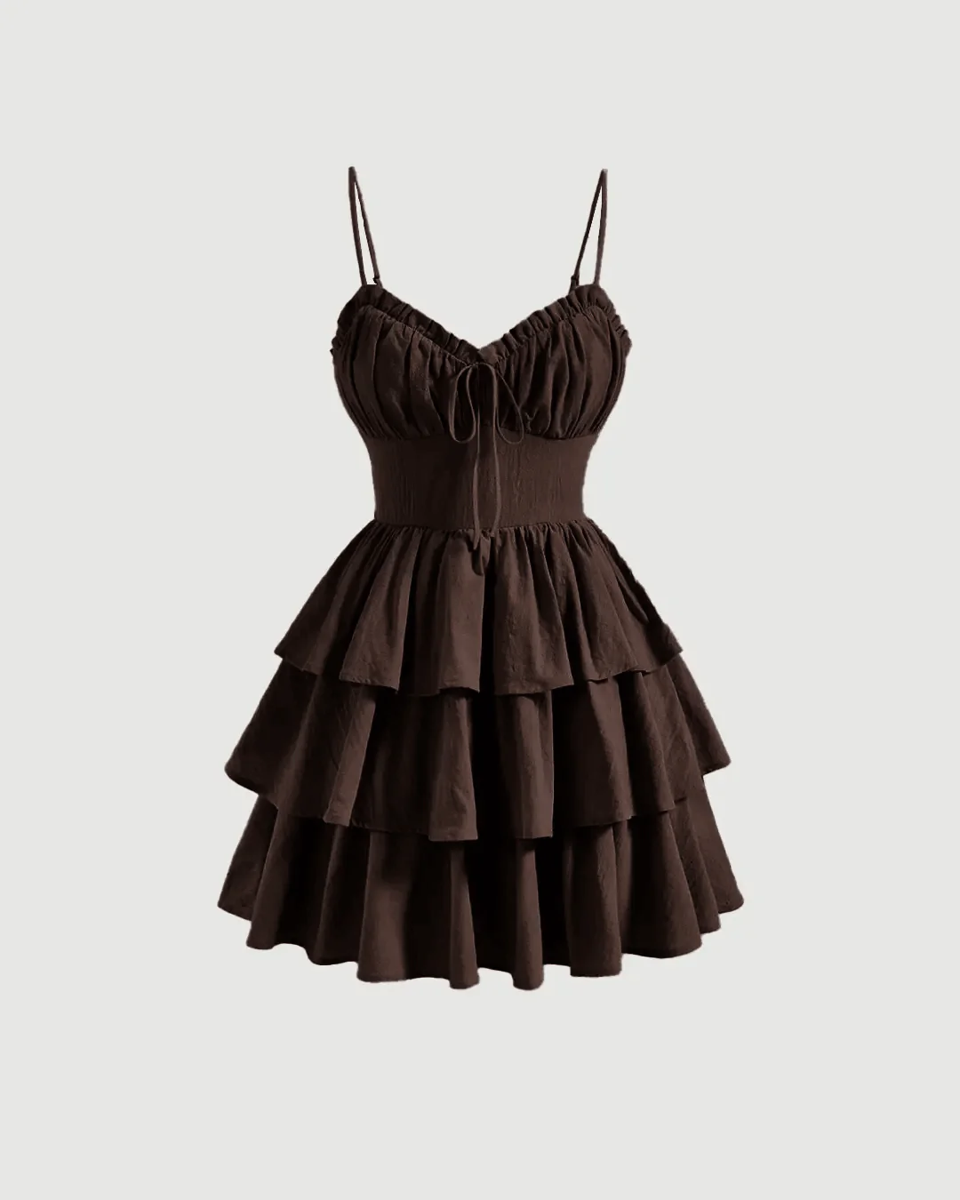solid ruched bust ruffle hem cami dress in chocolate brown