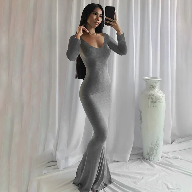 solid grey long sleeve bodycon maxi dress