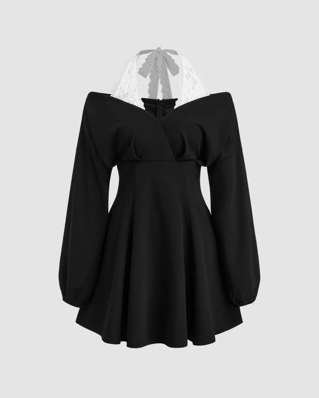 halter neckline lace ruffle mini dress