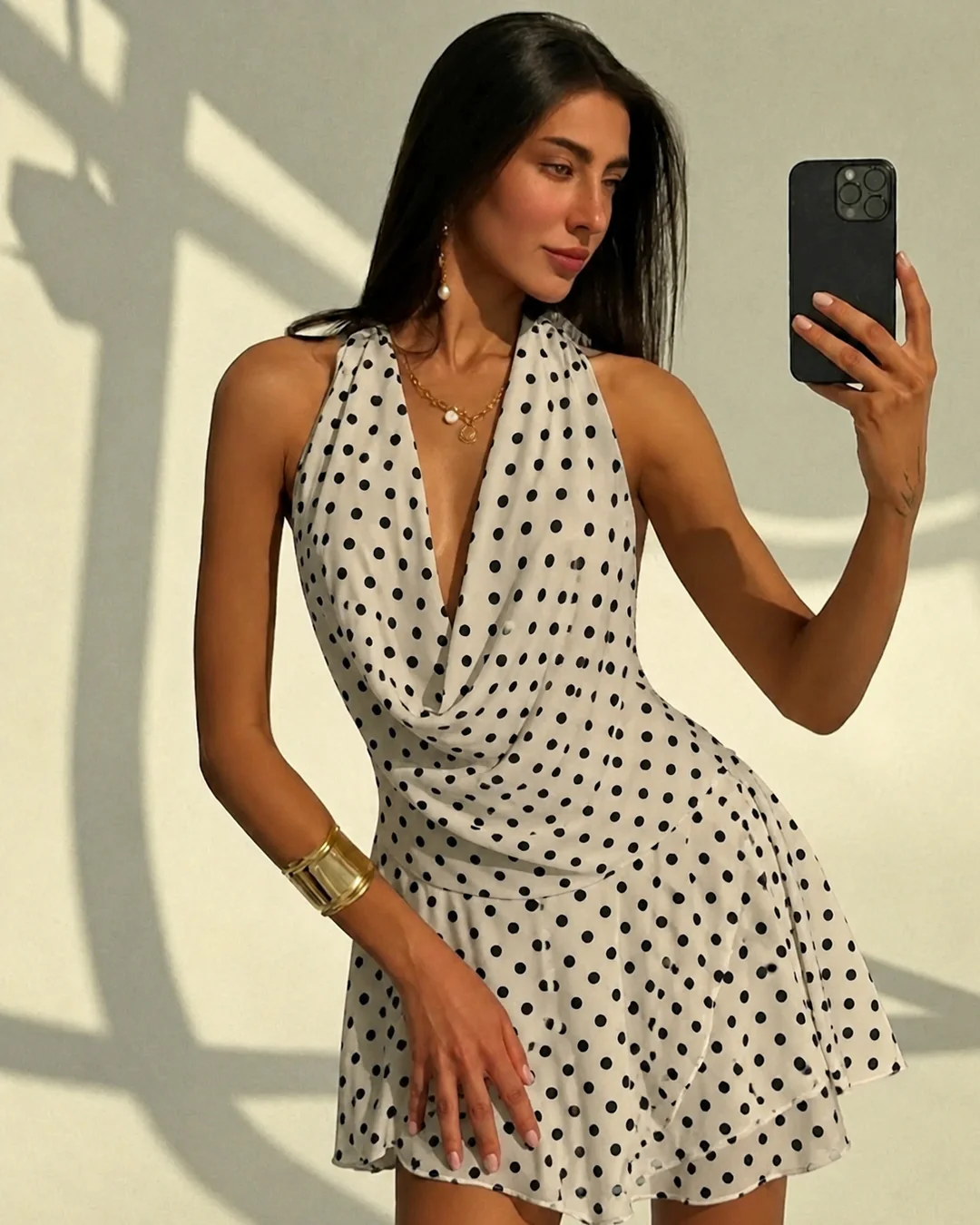 classic white polka dot draped cowl neck backless mini dress