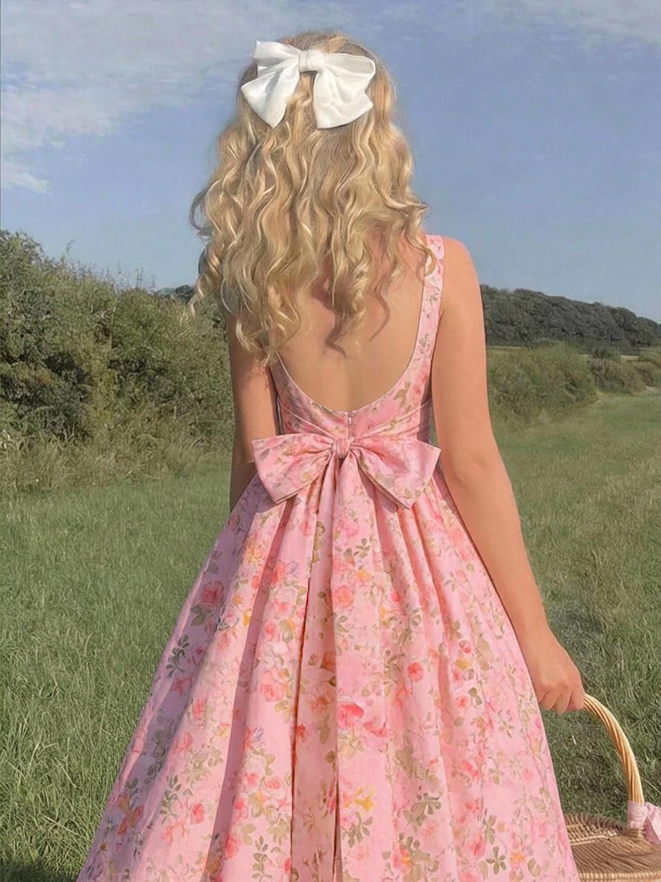 pink floral gathered a-line dress with back bow