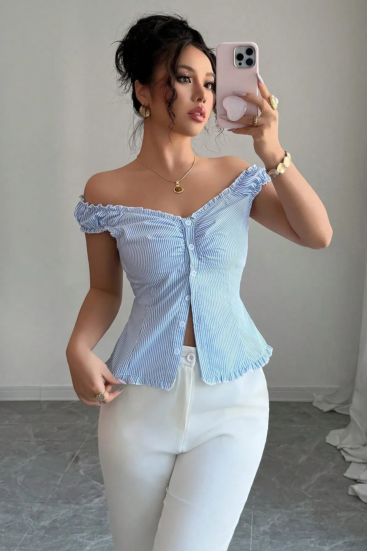 blue striped offshoulder button-down top