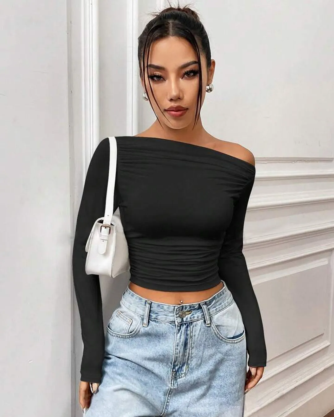 y2k long sleeve off shoulder black crop top