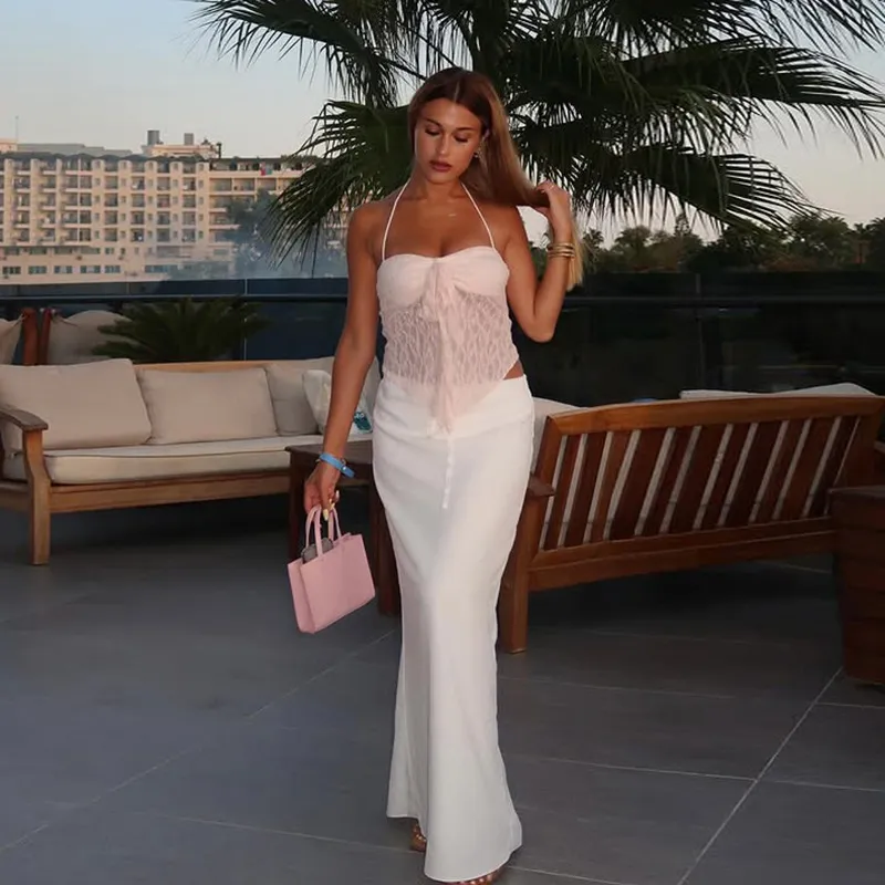 light pink hand embroidered halter neck fitted top