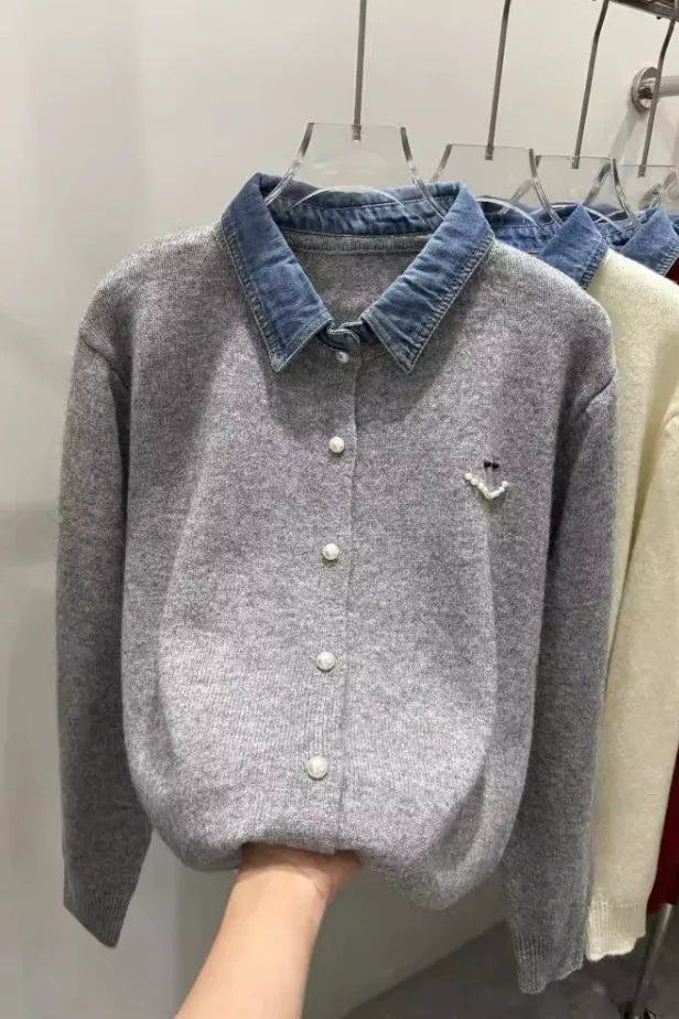 grey shirt collar button down cardigan