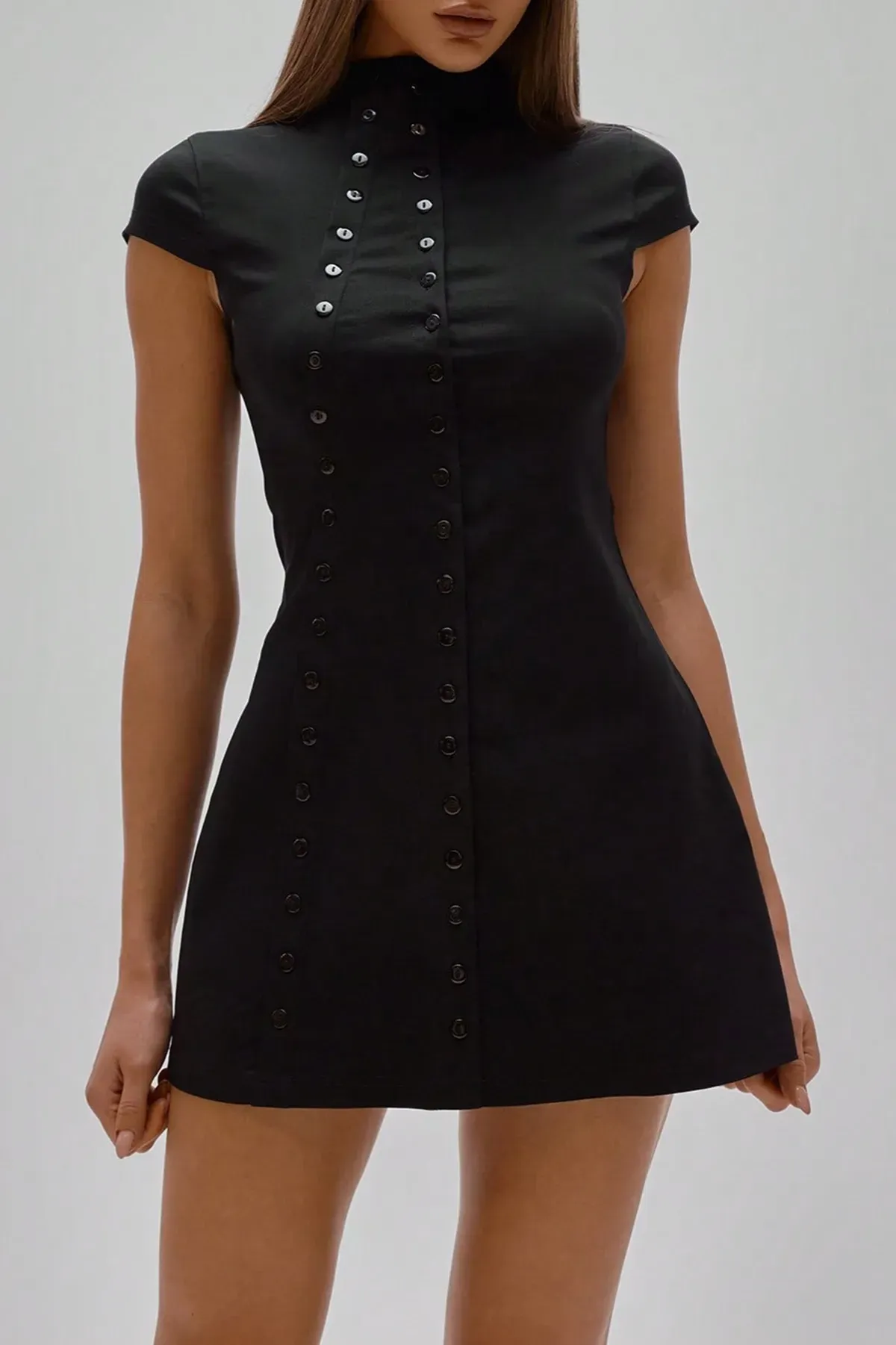black mandarin collar mini dress