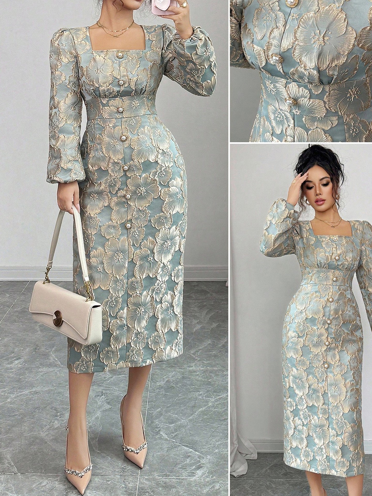 button bodycon dress in floral jacquard