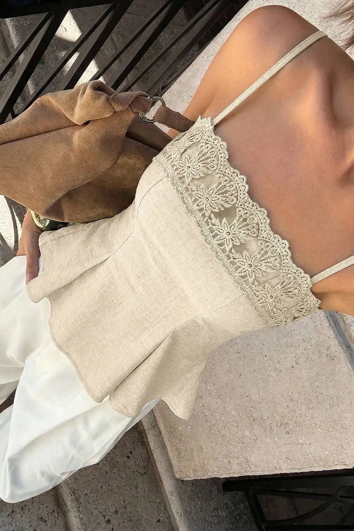 beige solid linen lace overlay camisole top