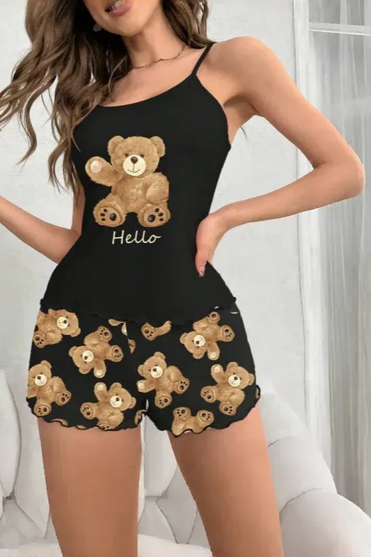 black graphic printed teddy bear co-ord set