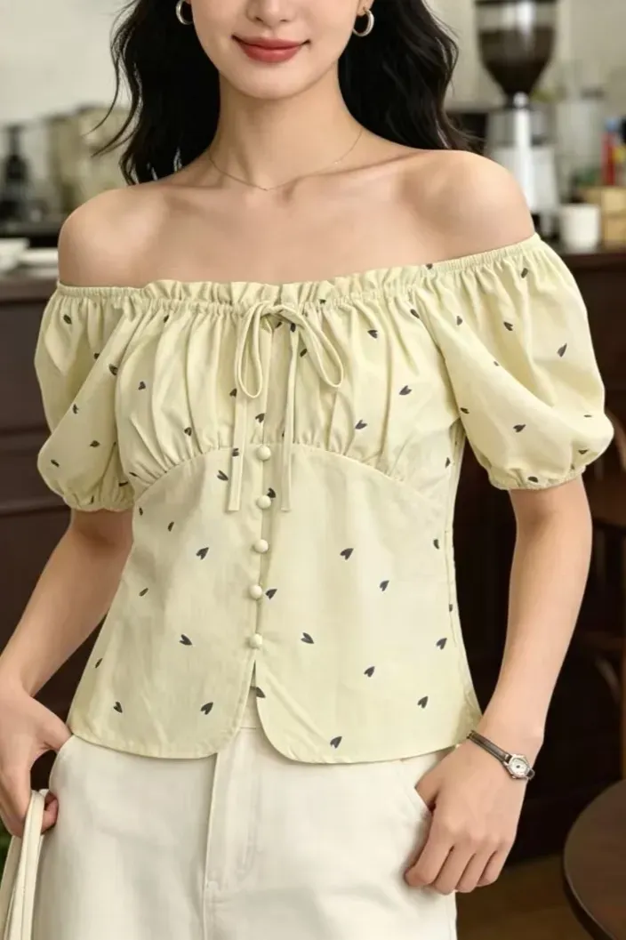 light yellow heart print off-shoulder blouse