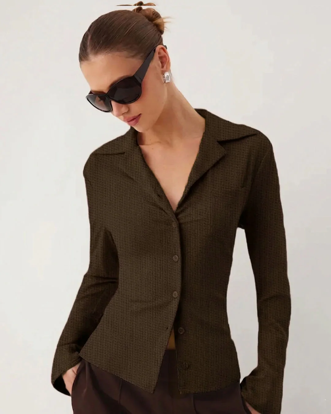 collar bell sleeve button shirt in coffee