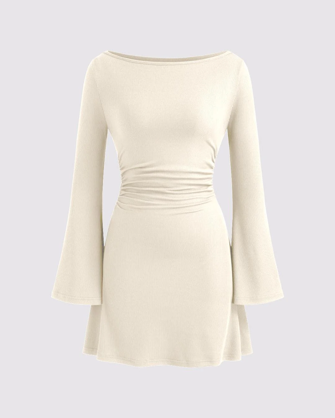 boat neck ruched mini dress in off-white