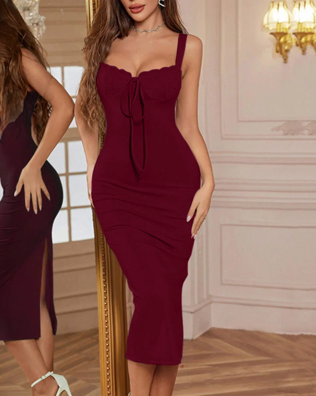 burgundy trim bodycon midi dress