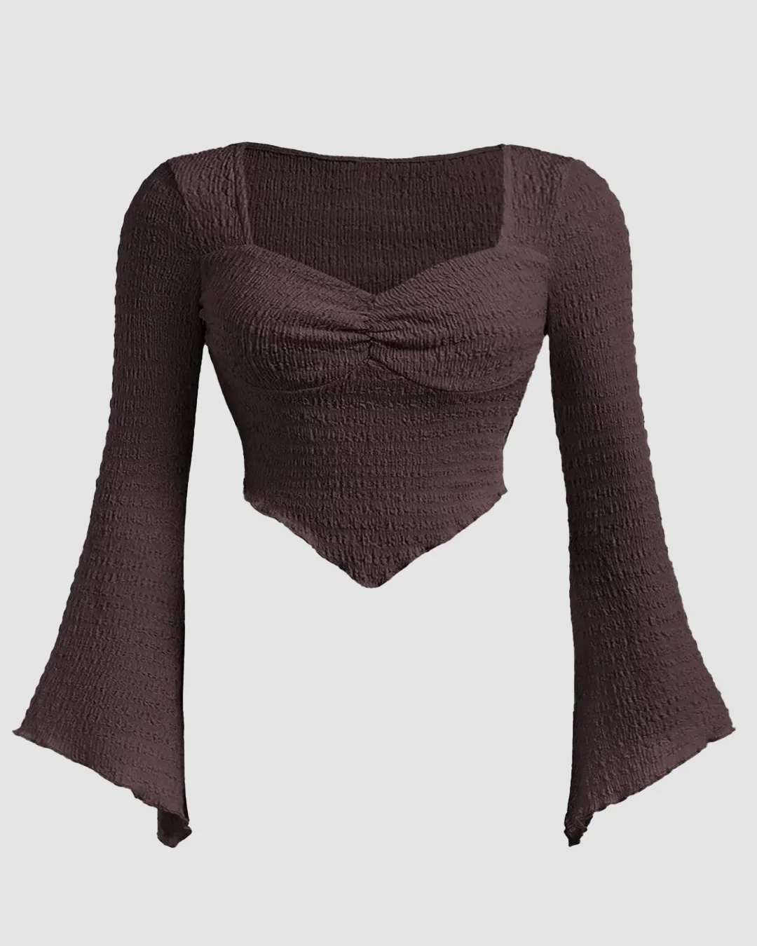 solid brown textured heart neck flare sleeve top