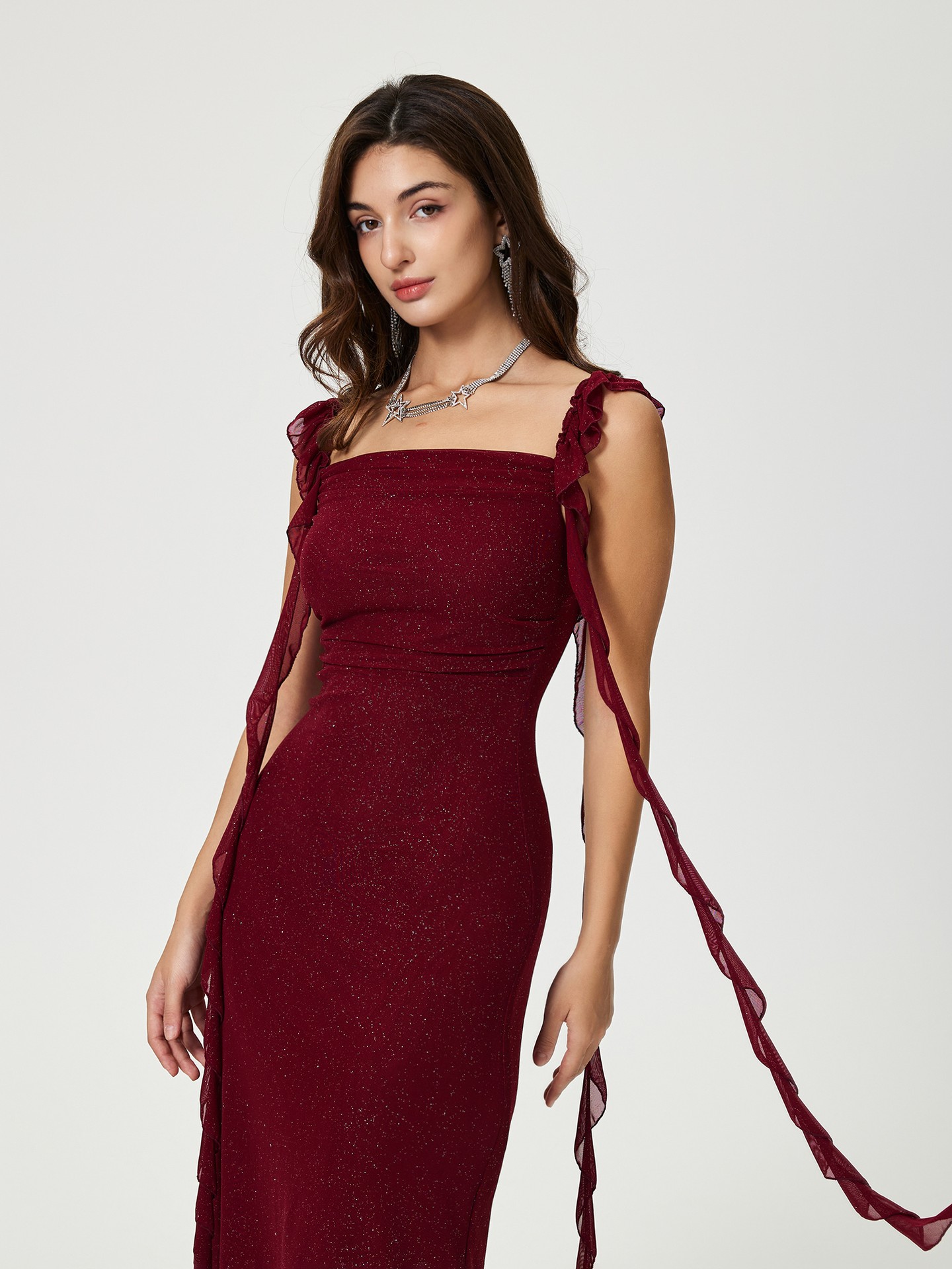 burgundy shimmer bodycon dress with ruffled sash straps