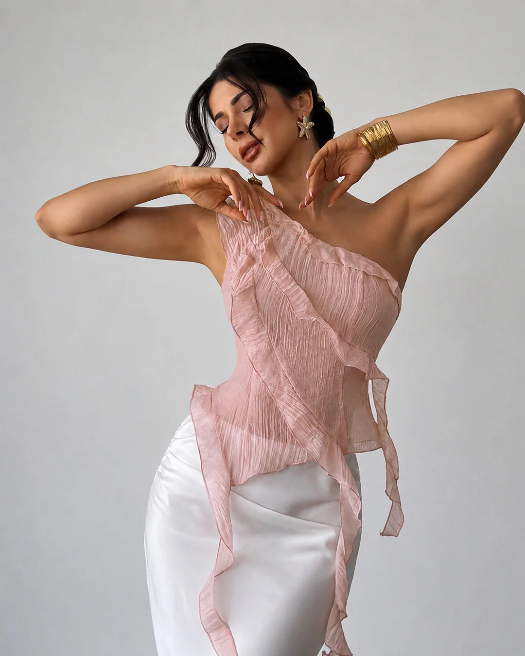 fashion ruffle detail one shoulder sleeveless top in dusty pink