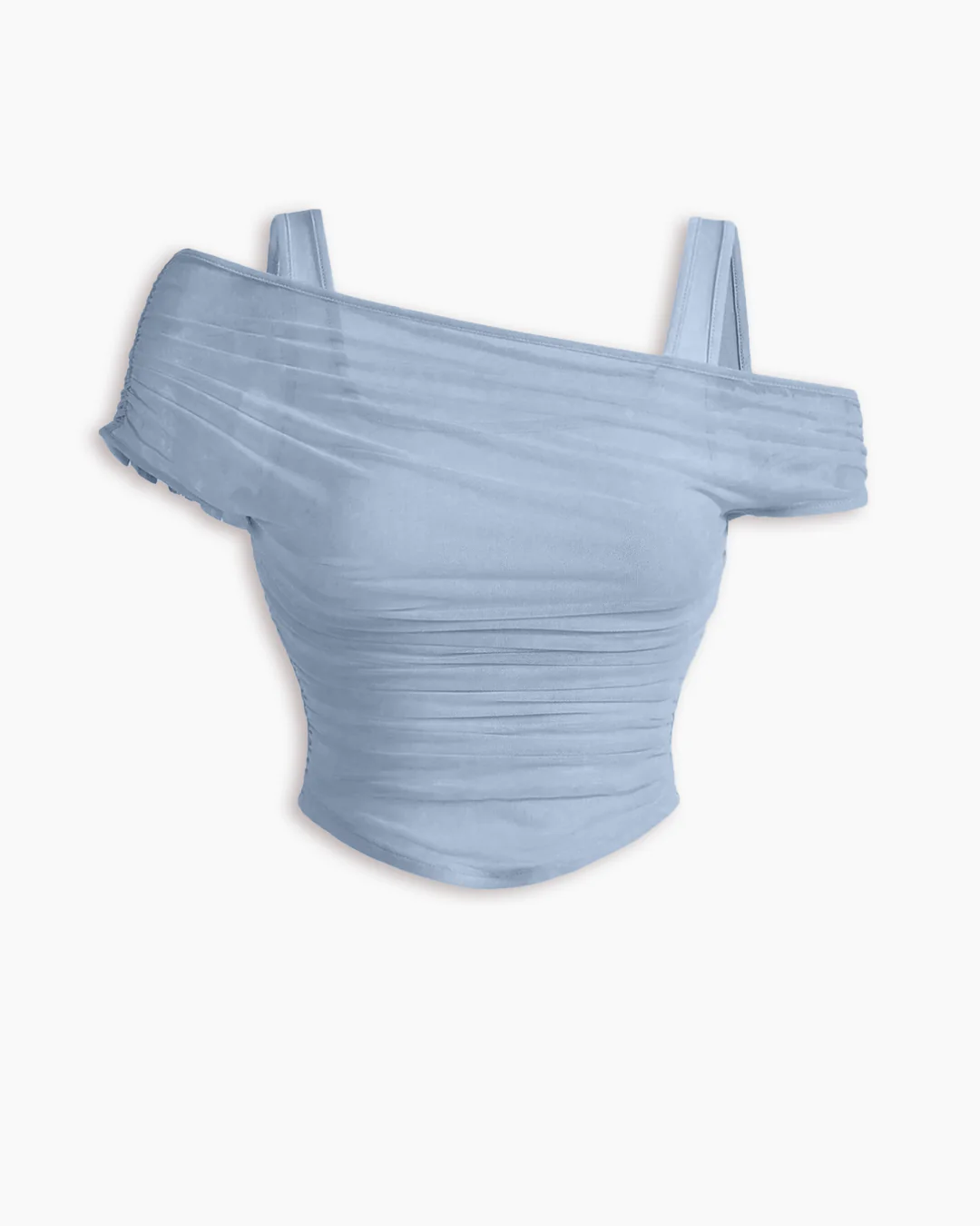 mesh see-through off-shoulder top in dusty blue
