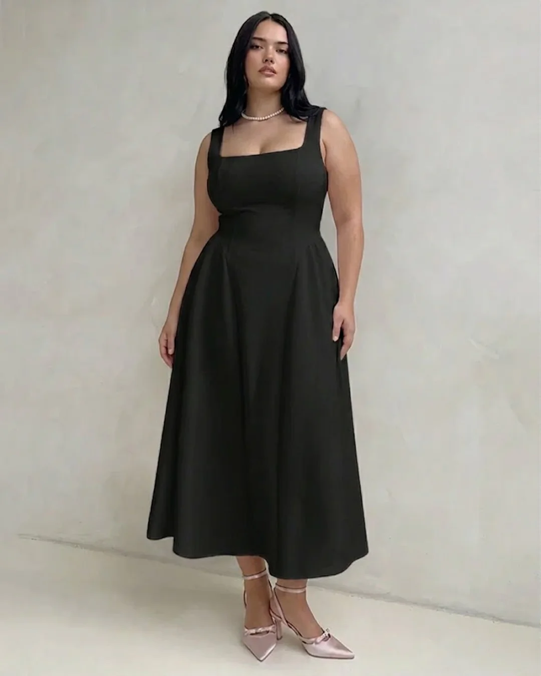 square neck fit and flare sleeveless midi dress