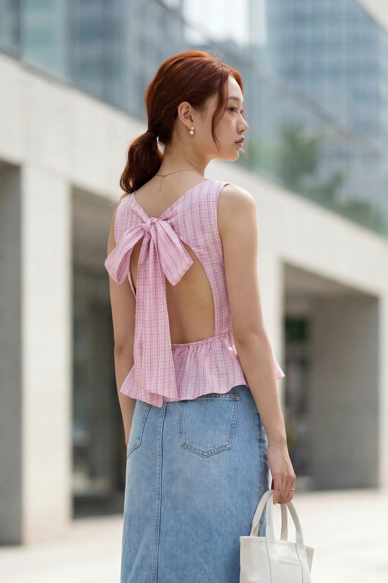 pink gingham print sleeveless peplum top with back bow