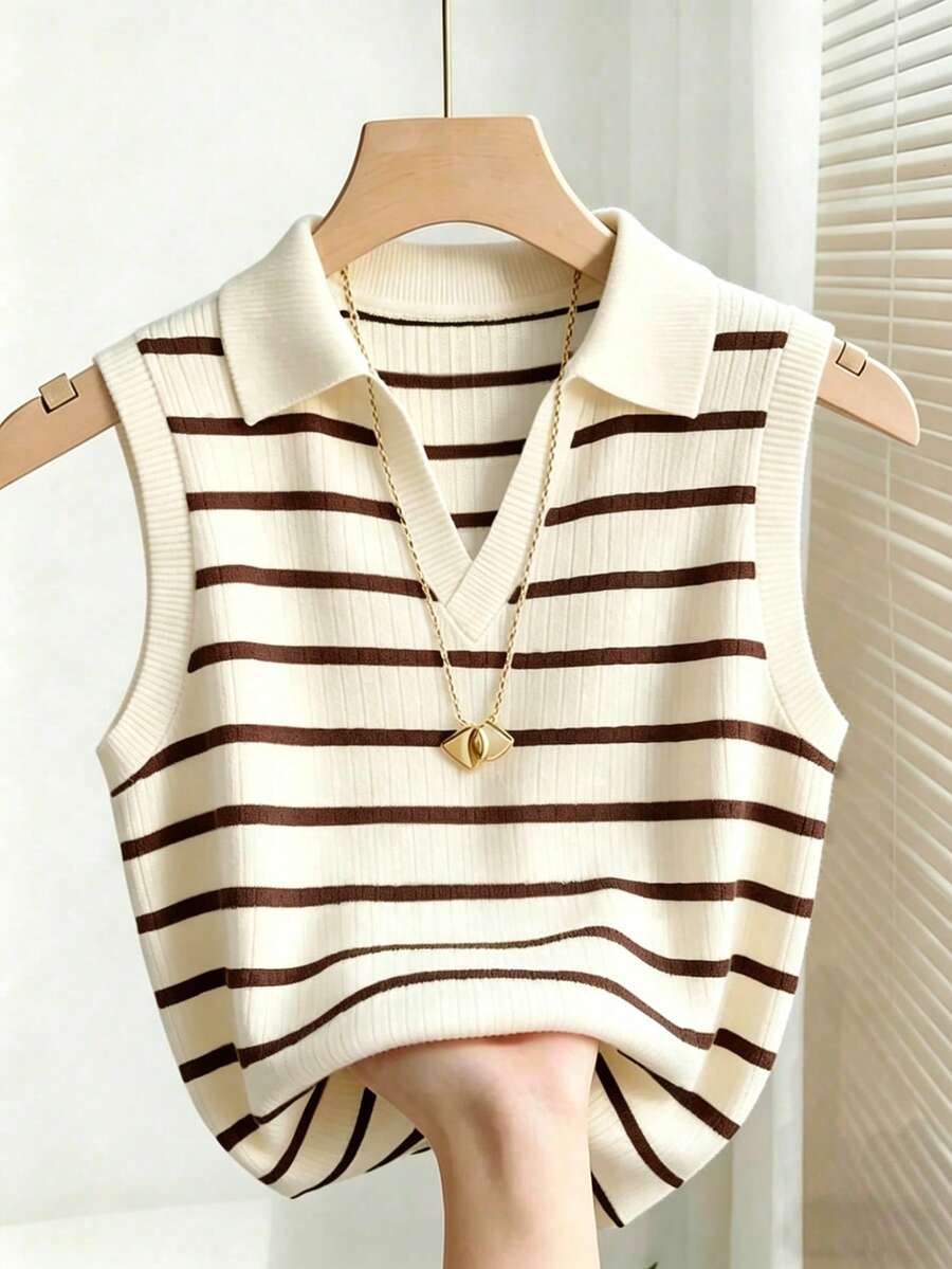 cream and brown striped knit sweater vest