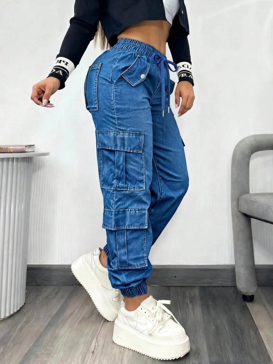 women's denim cargo pants with drawstring waist